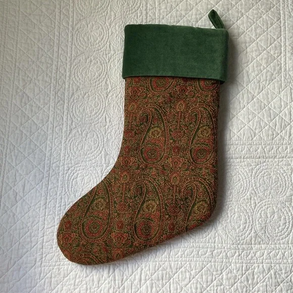 Pottery Barn Paisley Wool Jacquard And Velvet Stocking Green Red Gold - Picture 2 of 8